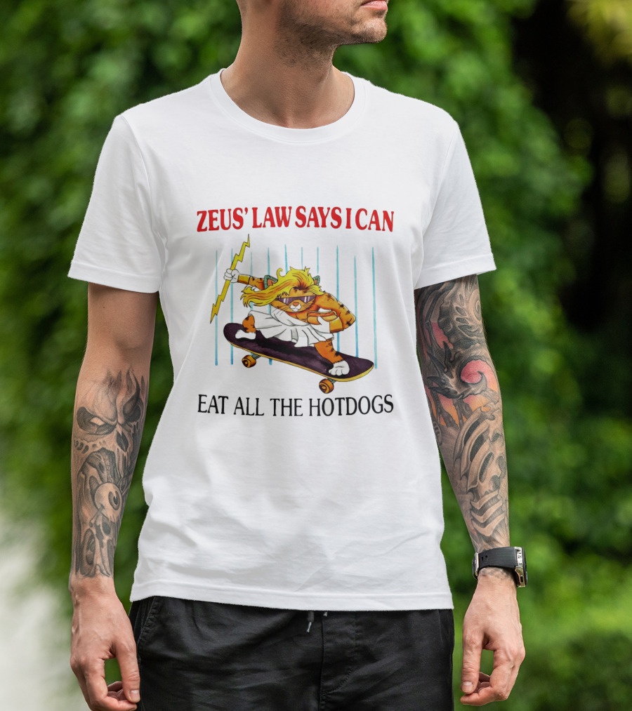 Zeus' Law Says I Can Eat All The Hotdogs Cat Holding Lightning Skateboard T-Shirt