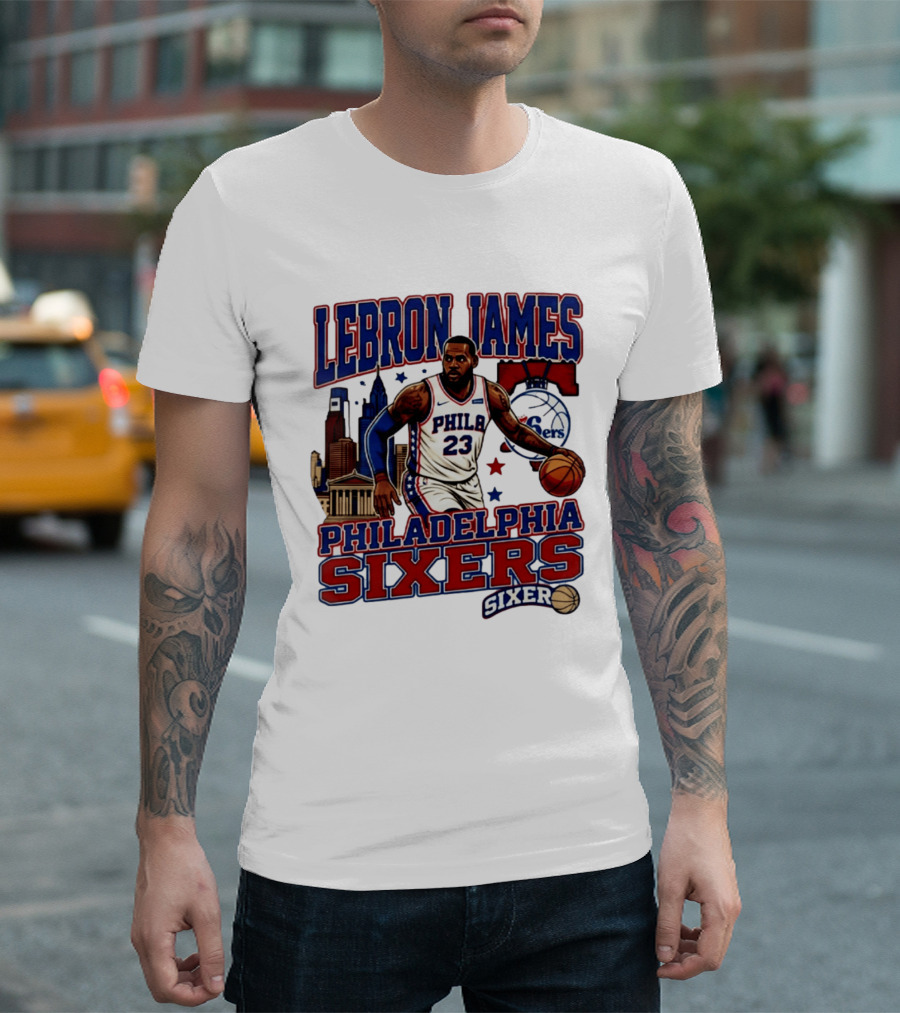 LeBron James Philadelphia Sixers No 23 Jersey Cityscape Basketball T-Shirt
