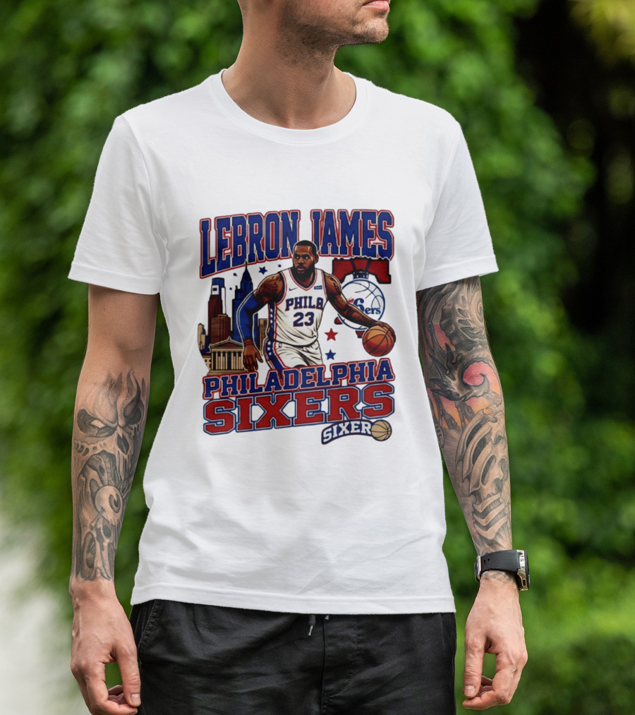 LeBron James Philadelphia Sixers No 23 Jersey Cityscape Basketball T-Shirt