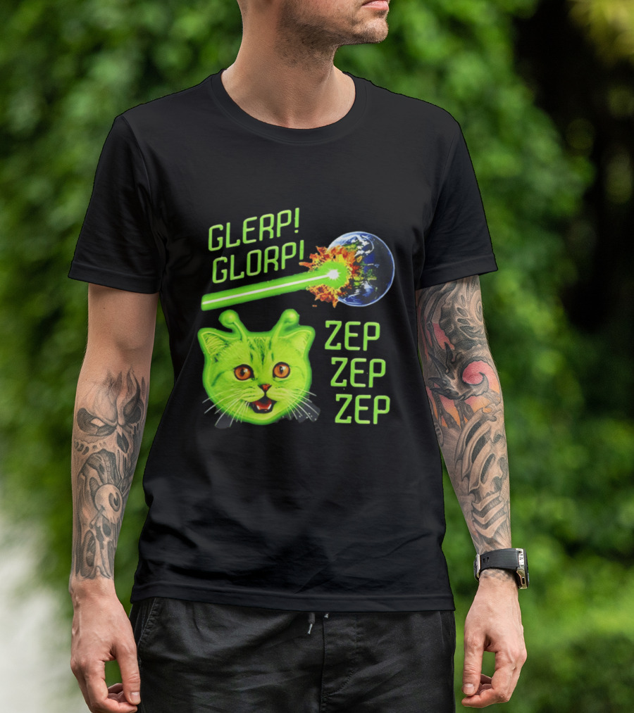 Glerp Glorp Cat Alien Zep Zep Zep Earth Laser Explosion T-Shirt