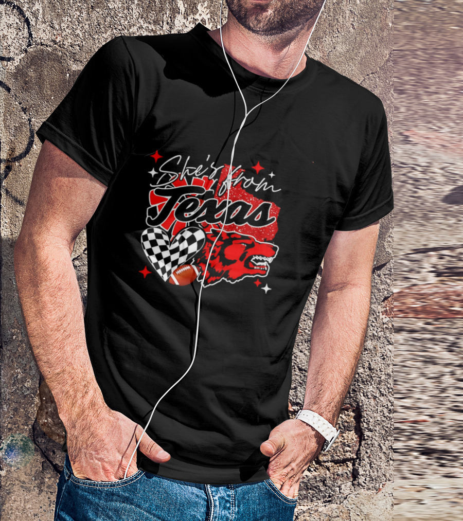 Cheerleading Texas Football Wolf She's From Texas Heart Checkered Ball Stars T-Shirt