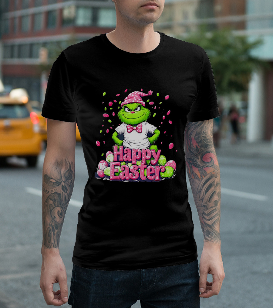 Happy Easter Grinch In Festive Hat With Colorful Eggs T-Shirt