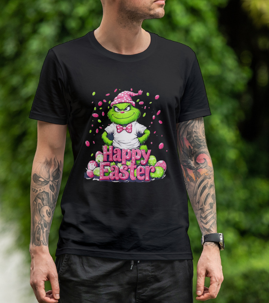 Happy Easter Grinch In Festive Hat With Colorful Eggs T-Shirt