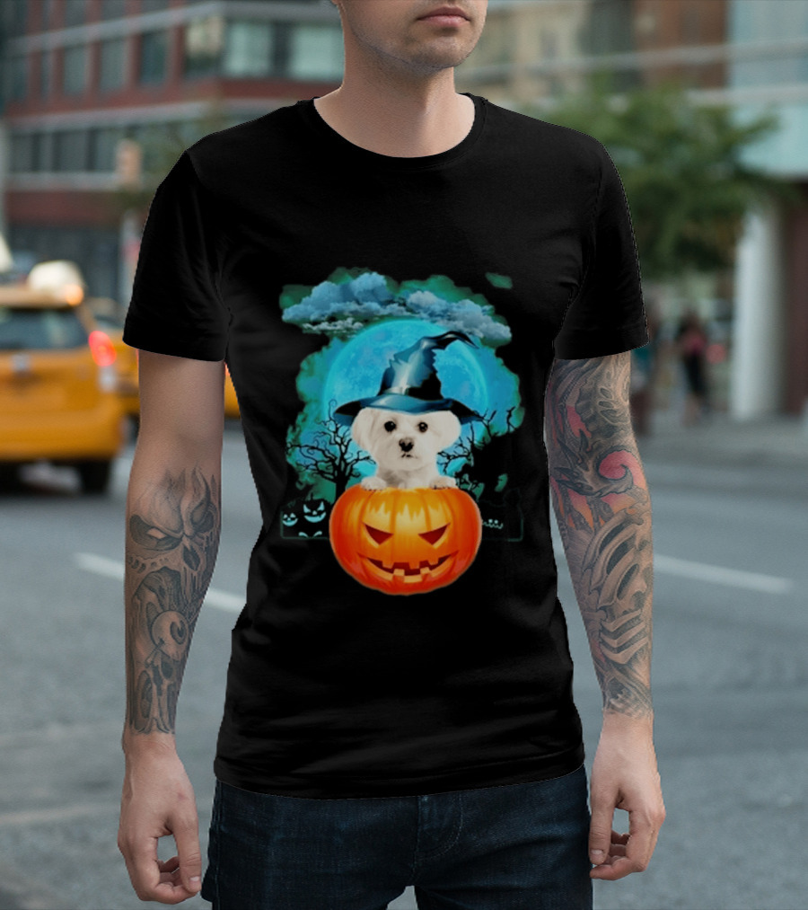 Happy Halloween White Maltese Witch Hat Pumpkin Blue Moon T-Shirt