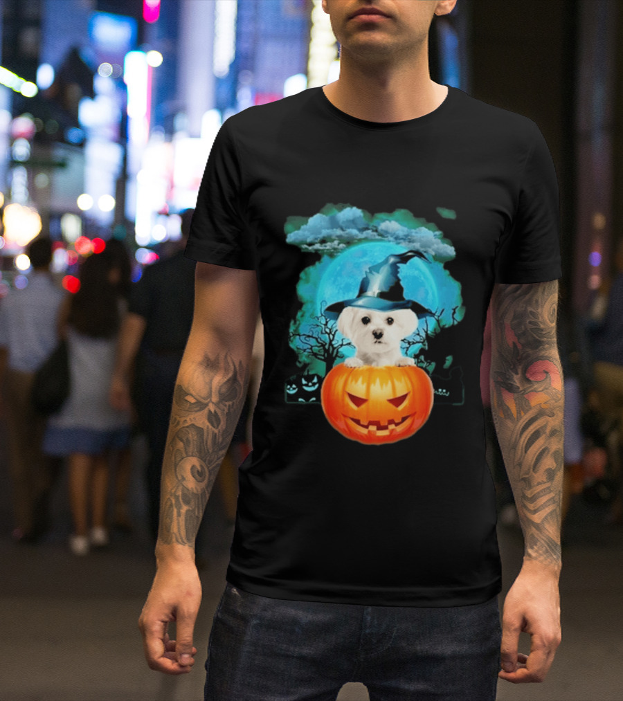 Happy Halloween White Maltese Witch Hat Pumpkin Blue Moon T-Shirt