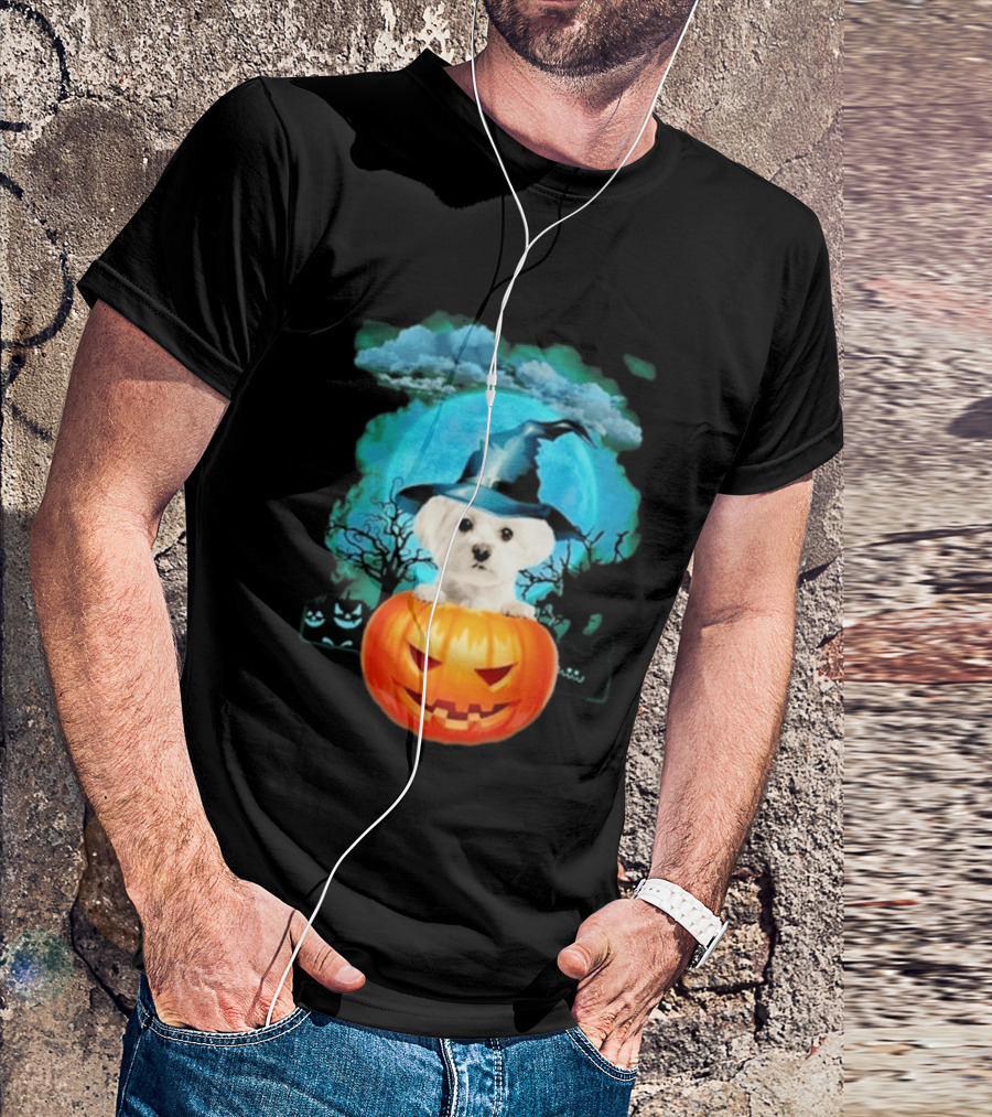Happy Halloween White Maltese Witch Hat Pumpkin Blue Moon T-Shirt