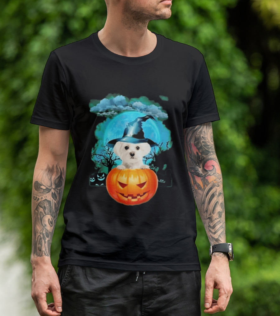 Happy Halloween White Maltese Witch Hat Pumpkin Blue Moon T-Shirt