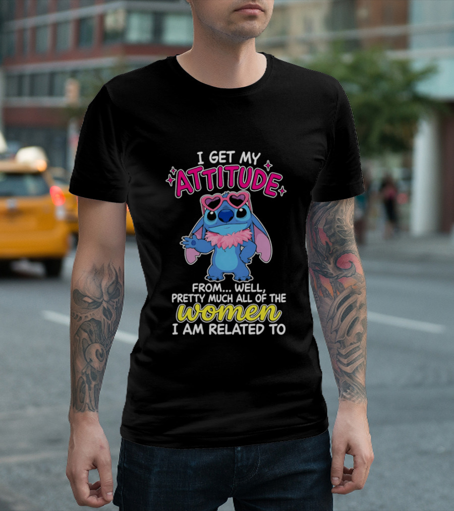 I Get My Attitude From Pretty Much All Of The Women I Am Related To Cute Blue Cartoon Character With Pink Accessories T-Shirt