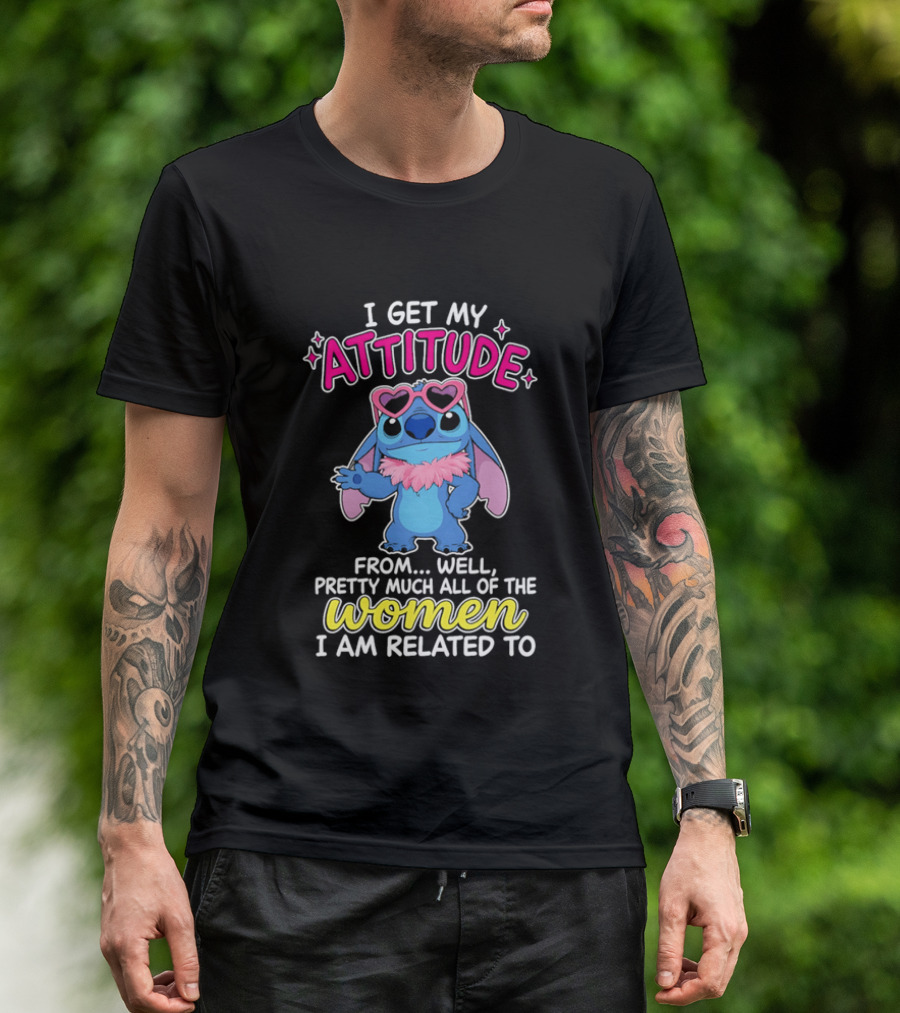 I Get My Attitude From Pretty Much All Of The Women I Am Related To Cute Blue Cartoon Character With Pink Accessories T-Shirt