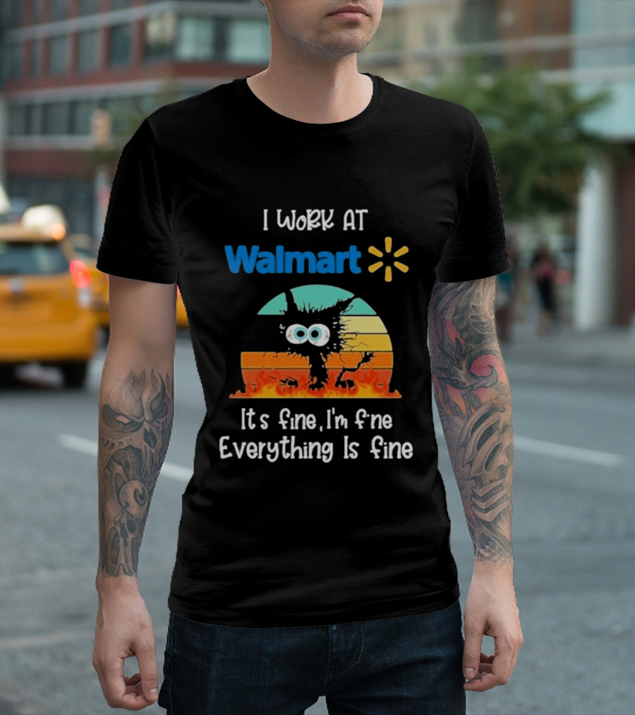 I Work At Walmart Its Fine Im Fine Everything Is Fine Emoji Wall Crack Puzzle T-Shirt