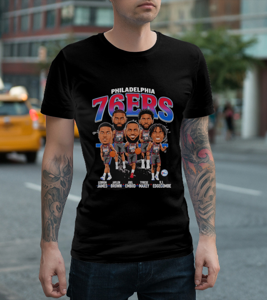 Philadelphia 76ers LeBron James Jaylen Brown Joel Embiid Tyrese Maxey VJ Edgecombe Caricature T-Shirt