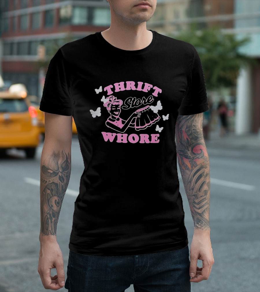Thrift Store Whore Retro Feminine Fun Pink Butterfly T-Shirt