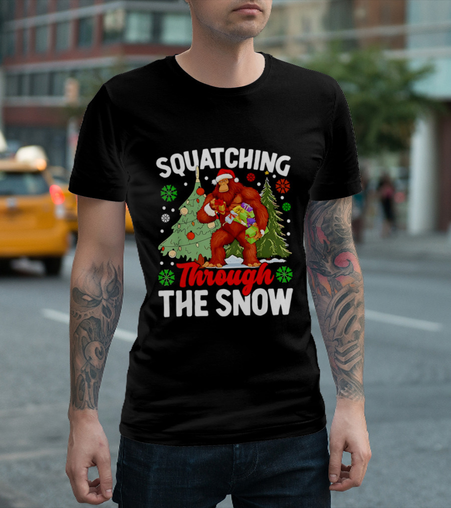 Squatching Through The Snow Bigfoot Christmas Tree Holiday Santa Big Foot T-Shirt