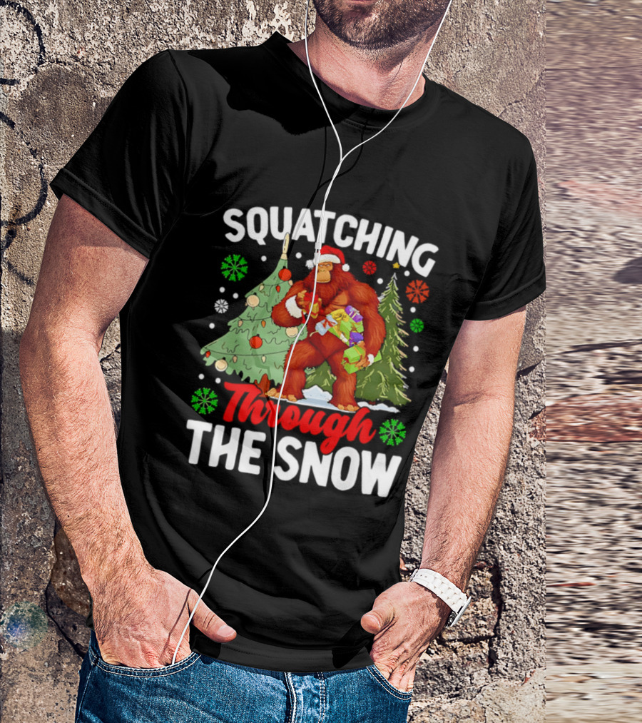Squatching Through The Snow Bigfoot Christmas Tree Holiday Santa Big Foot T-Shirt