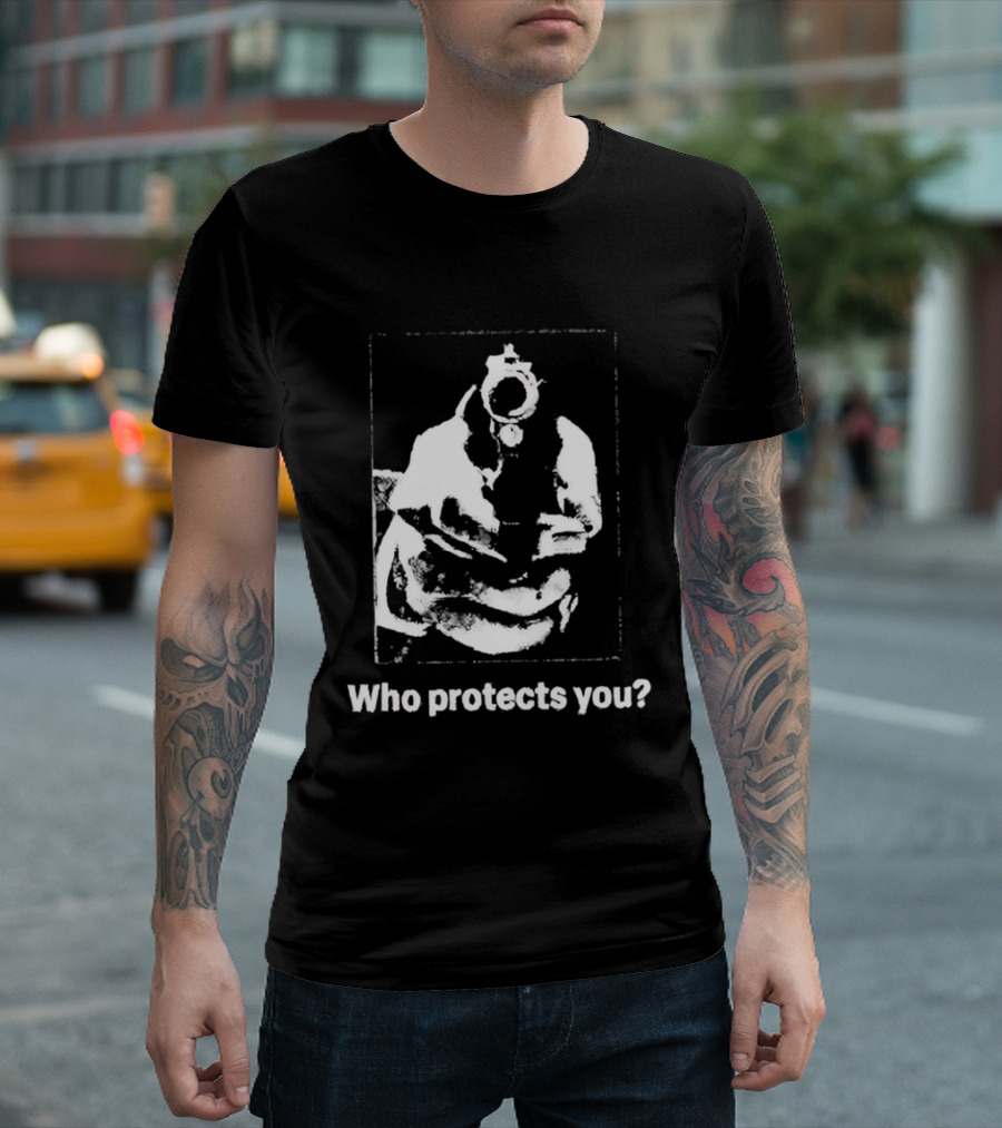 Who Protects You Question With Gun Aimed At Viewer T-Shirt