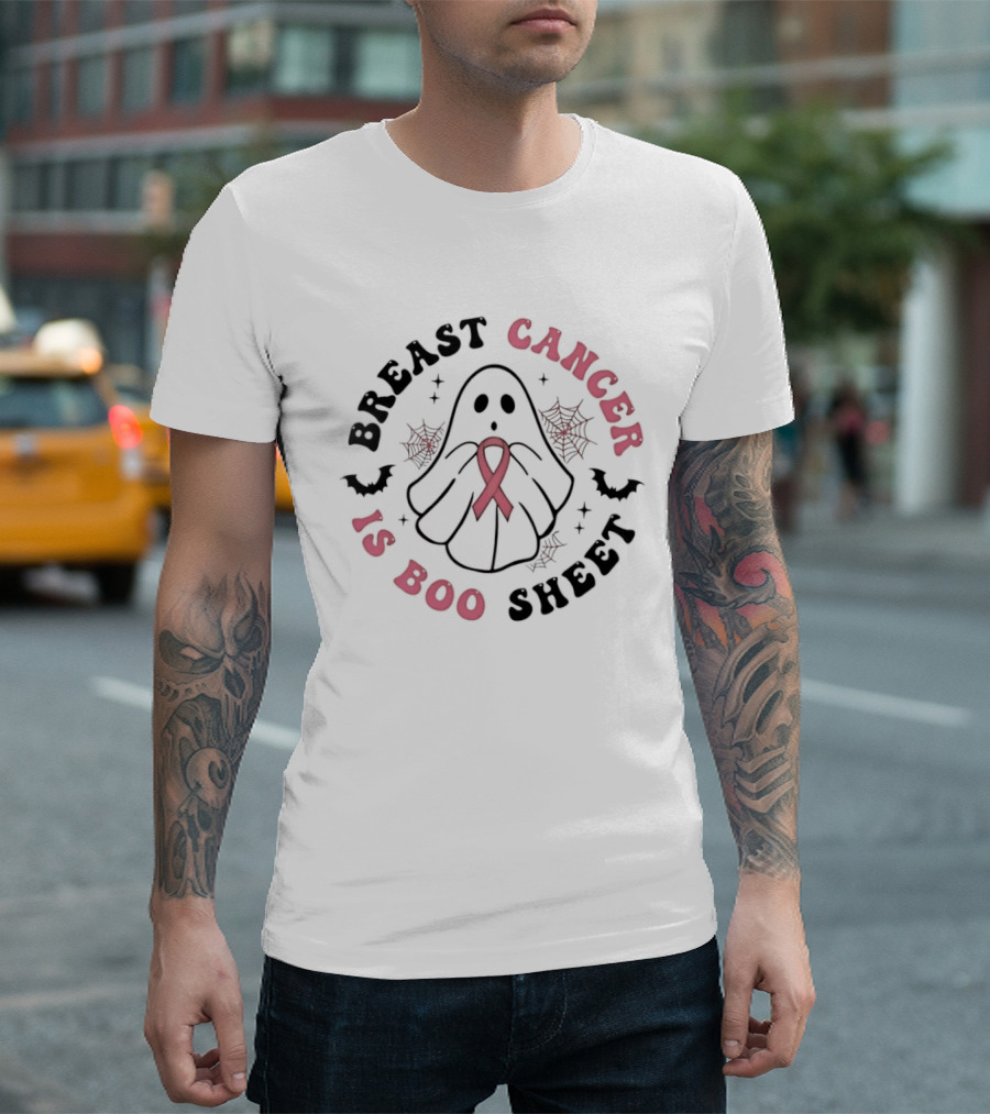 Breast Cancer Awareness Ghost Boo Sheet Ribbon Spooky Webs Bats T-Shirt