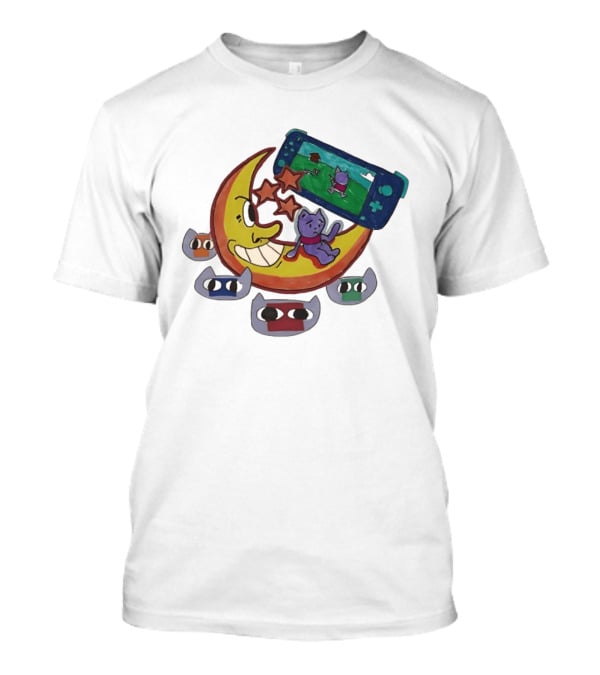 Cartoon Moon And Cat Playing Game With Stars And Colorful Masks T-Shirt