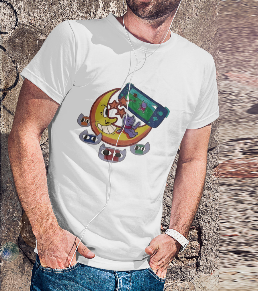Cartoon Moon And Cat Playing Game With Stars And Colorful Masks T-Shirt