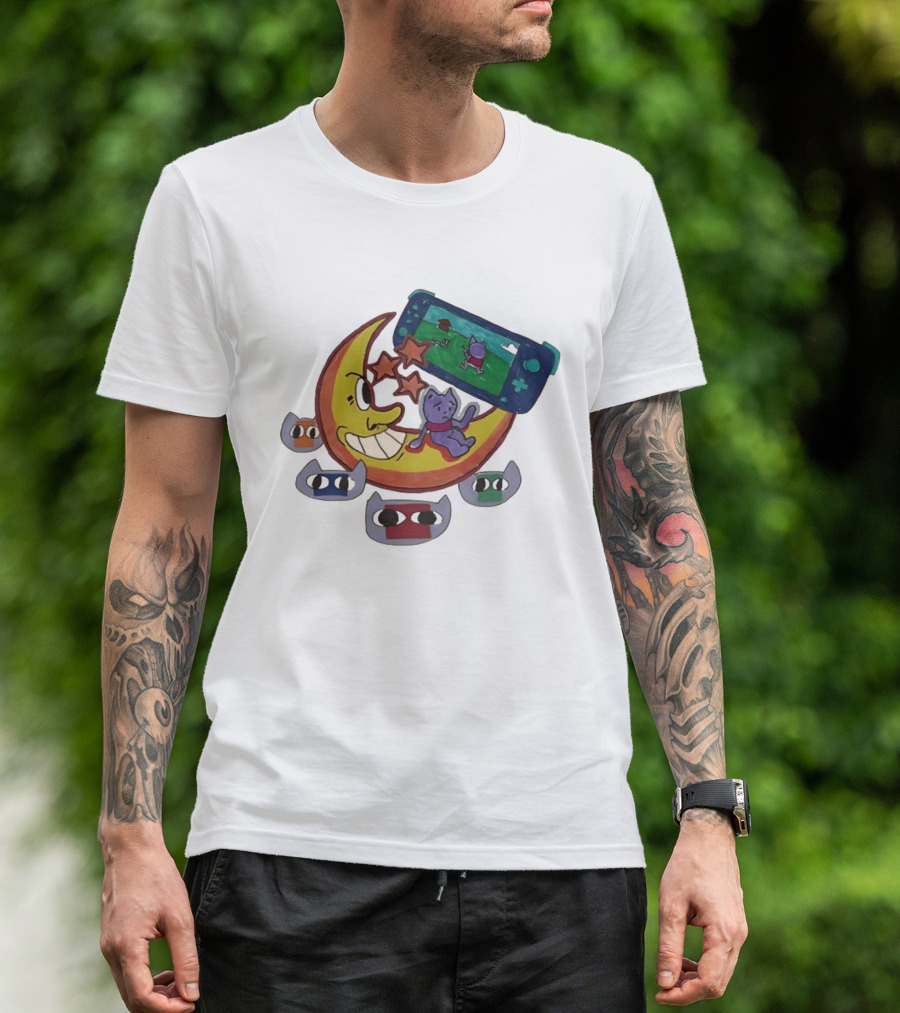 Cartoon Moon And Cat Playing Game With Stars And Colorful Masks T-Shirt