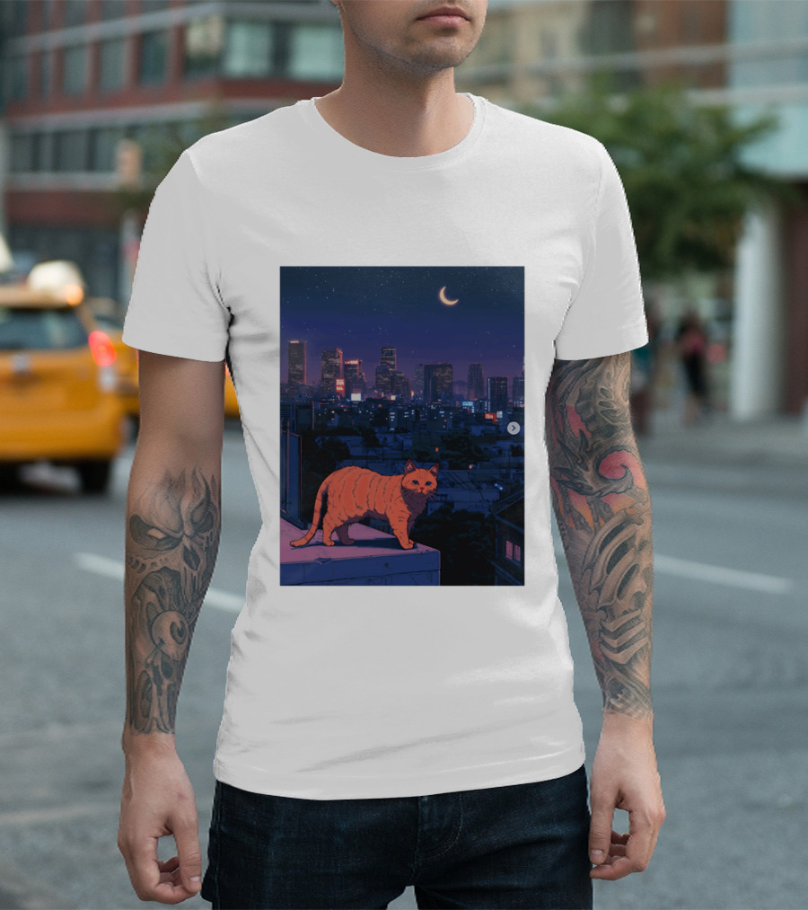Orange Tabby Cat Under Night Sky Overlooking City Skyline With Crescent Moon T-Shirt