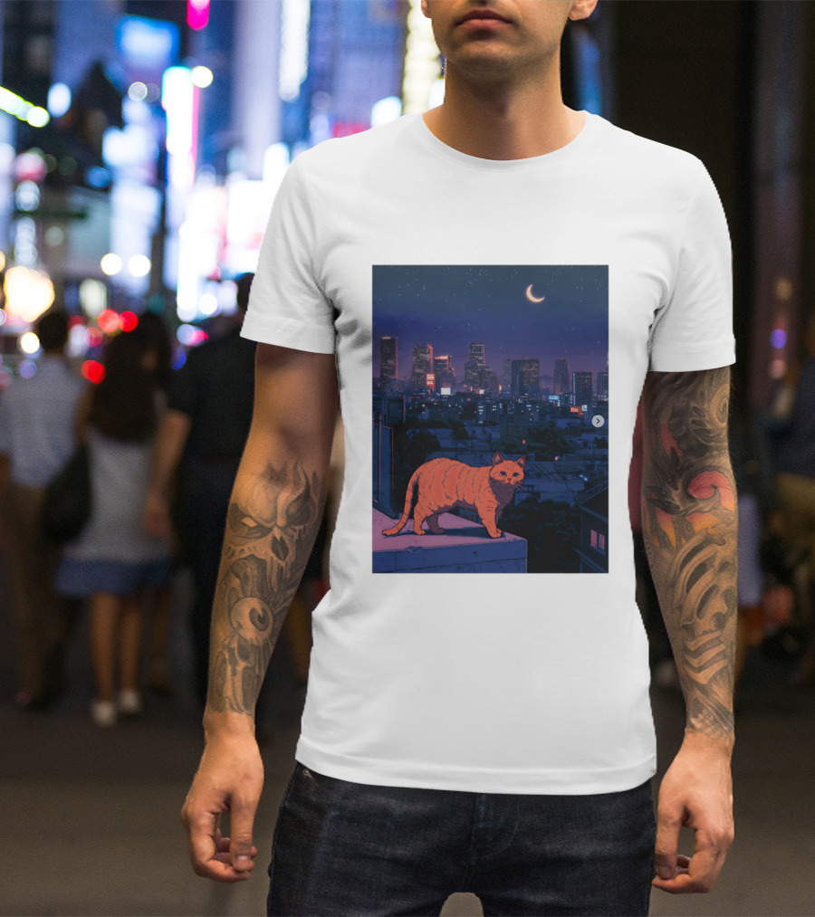 Orange Tabby Cat Under Night Sky Overlooking City Skyline With Crescent Moon T-Shirt