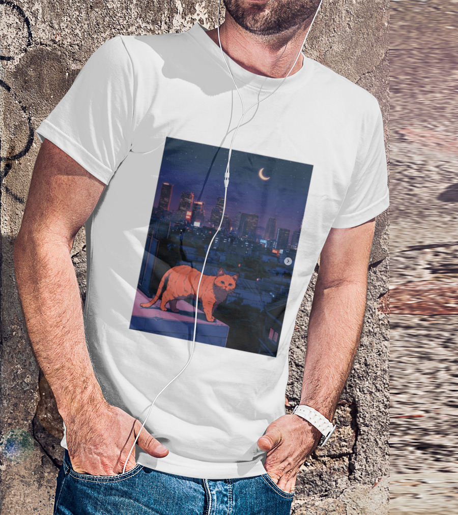 Orange Tabby Cat Under Night Sky Overlooking City Skyline With Crescent Moon T-Shirt