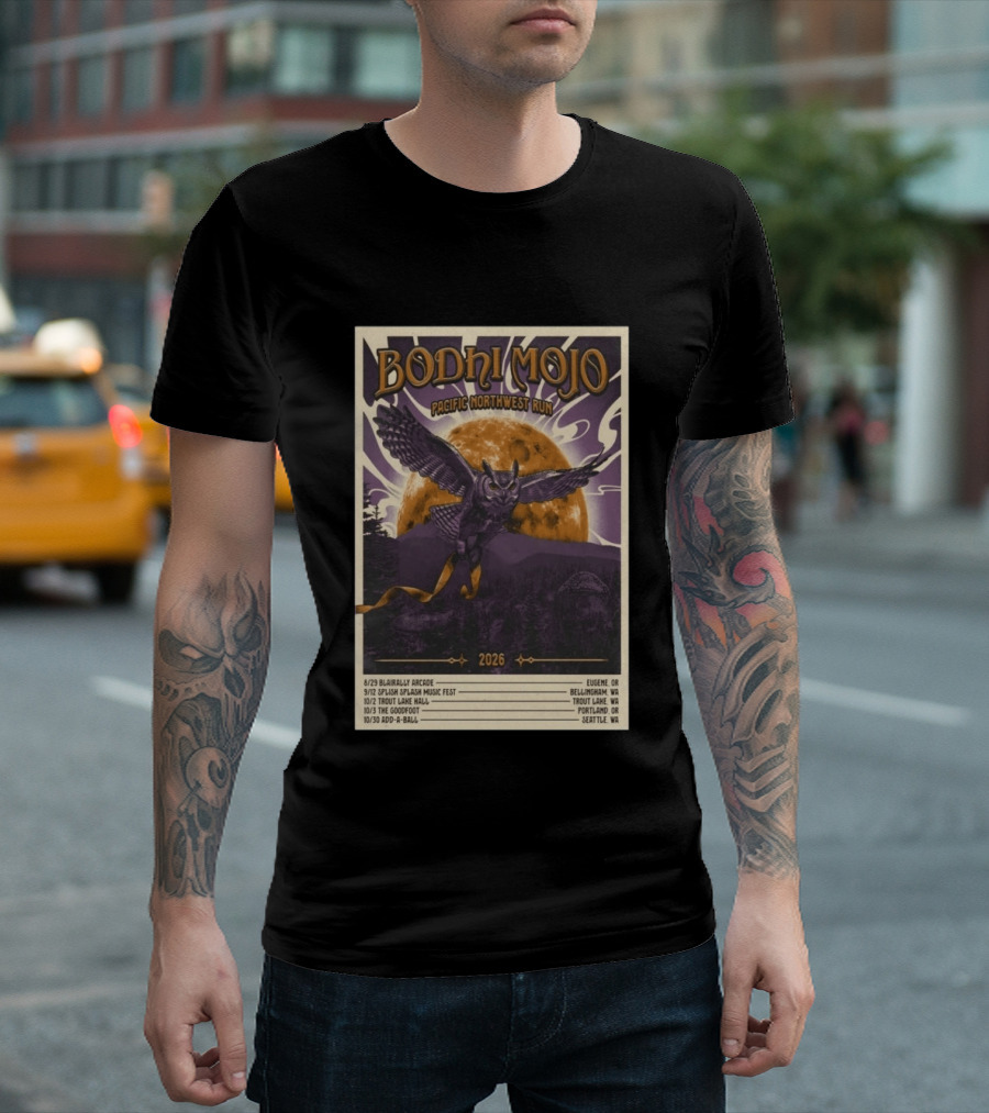 Bodhi Mojo Pacific Northwest Run 2026 Tour Owl Illustration Dates And Locations T-Shirt