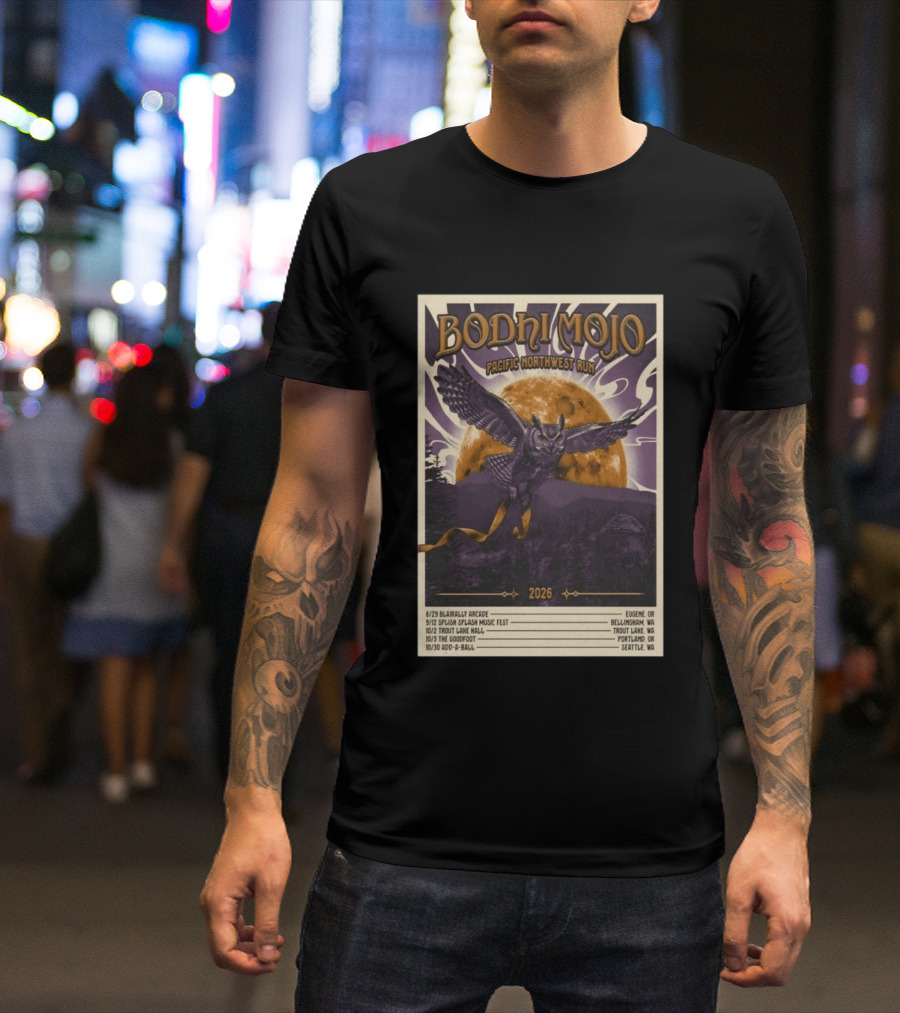 Bodhi Mojo Pacific Northwest Run 2026 Tour Owl Illustration Dates And Locations T-Shirt