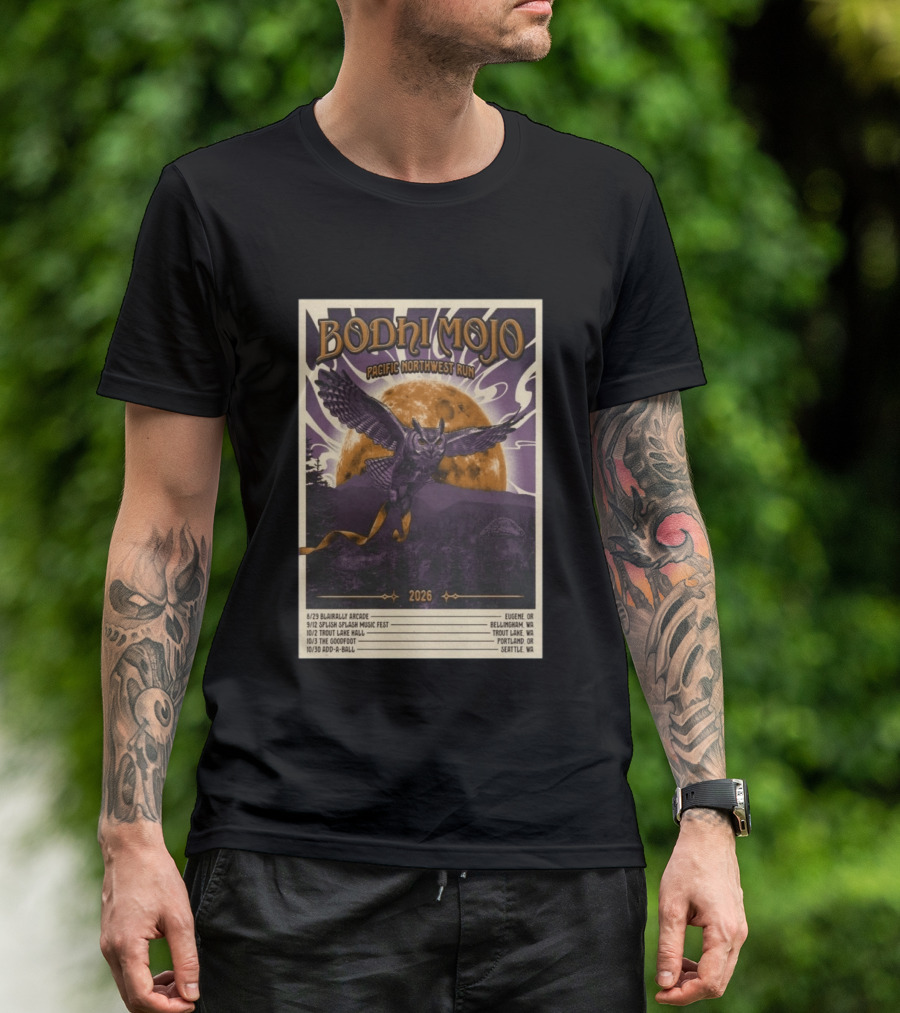 Bodhi Mojo Pacific Northwest Run 2026 Tour Owl Illustration Dates And Locations T-Shirt