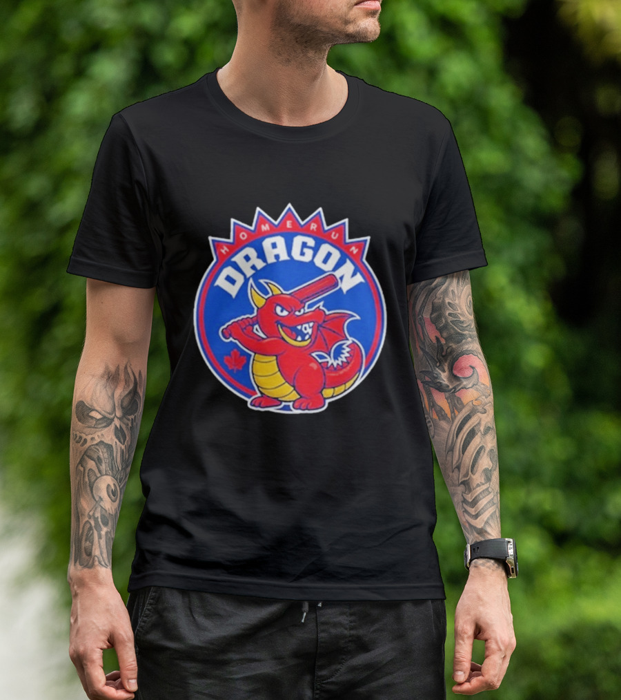 Home Run Dragon Baseball Batting Red Maple Leaf T-Shirt