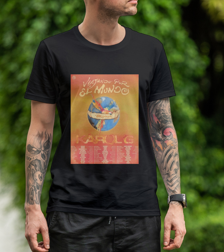 Karol G Viajando Por El Mundo Tropitour 2026 World Tour Dates Colorful Parrot T-Shirt