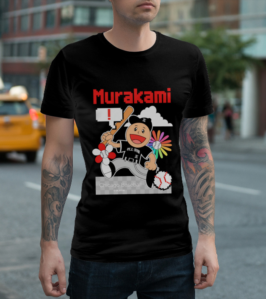 Murakami Chicago Baseball IPlayers Animated Character Flower Motif T-Shirt