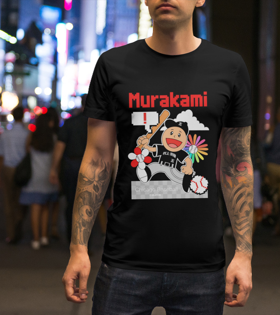 Murakami Chicago Baseball IPlayers Animated Character Flower Motif T-Shirt