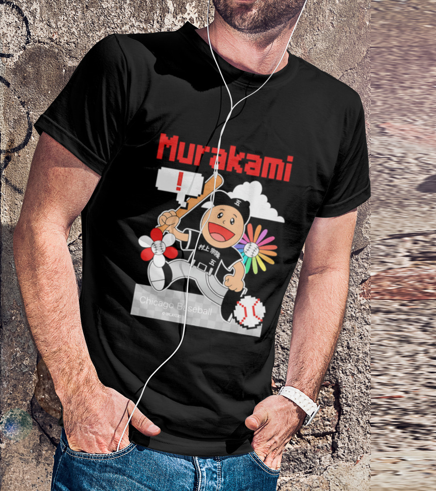 Murakami Chicago Baseball IPlayers Animated Character Flower Motif T-Shirt