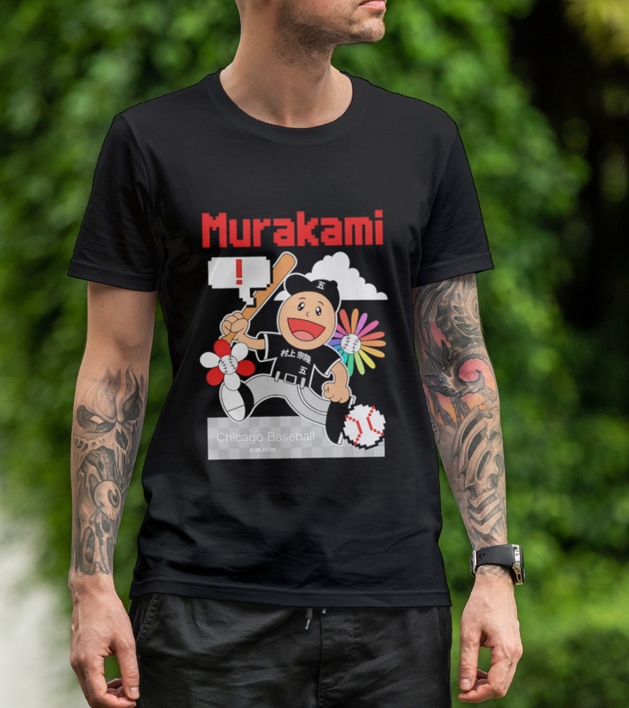 Murakami Chicago Baseball IPlayers Animated Character Flower Motif T-Shirt