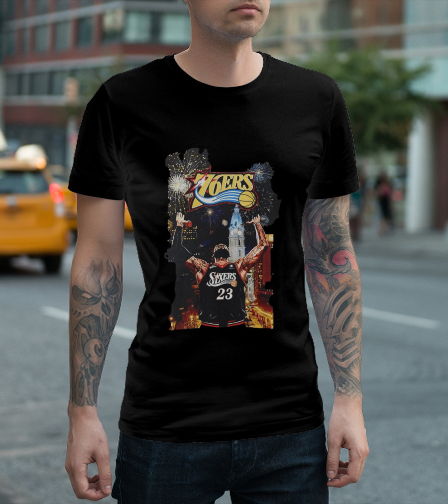 Philadelphia 76ers NBA Basketball 23 Cityscape Fireworks T-Shirt