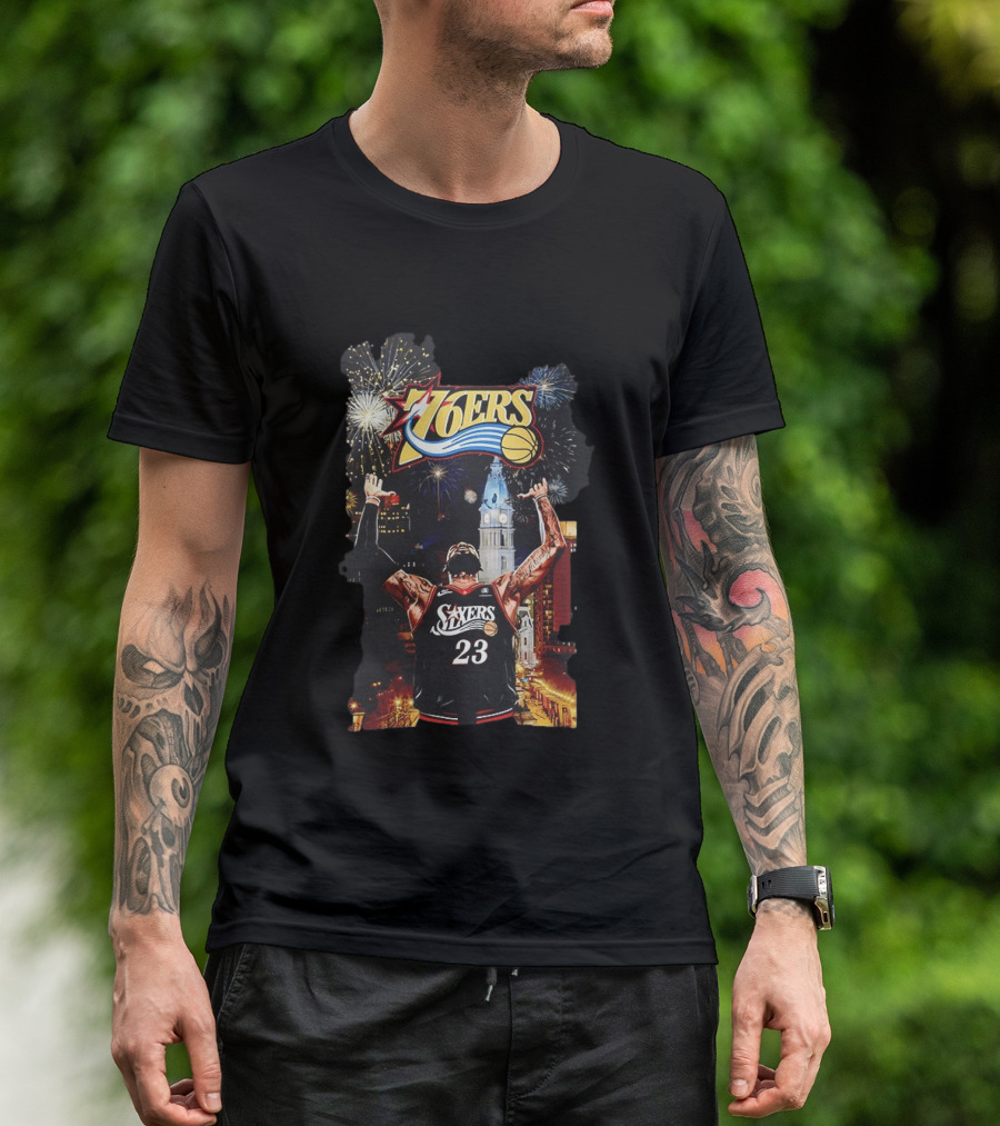 Philadelphia 76ers NBA Basketball 23 Cityscape Fireworks T-Shirt
