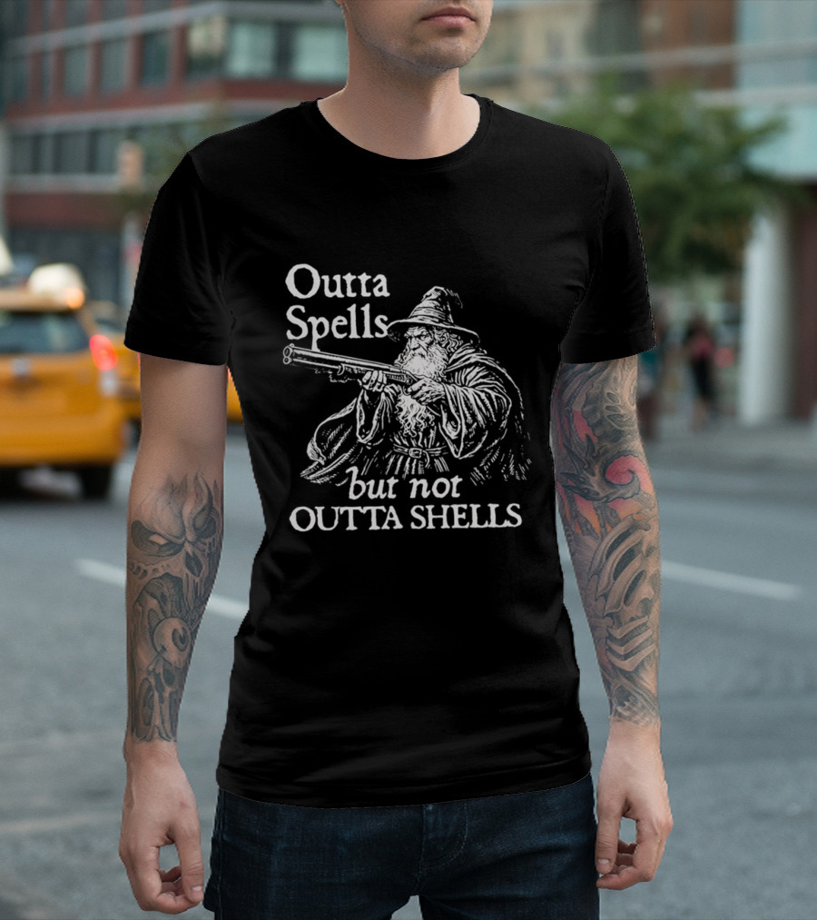 Outta Spells But Not Outta Shells Wizard With Gun Magic T-Shirt