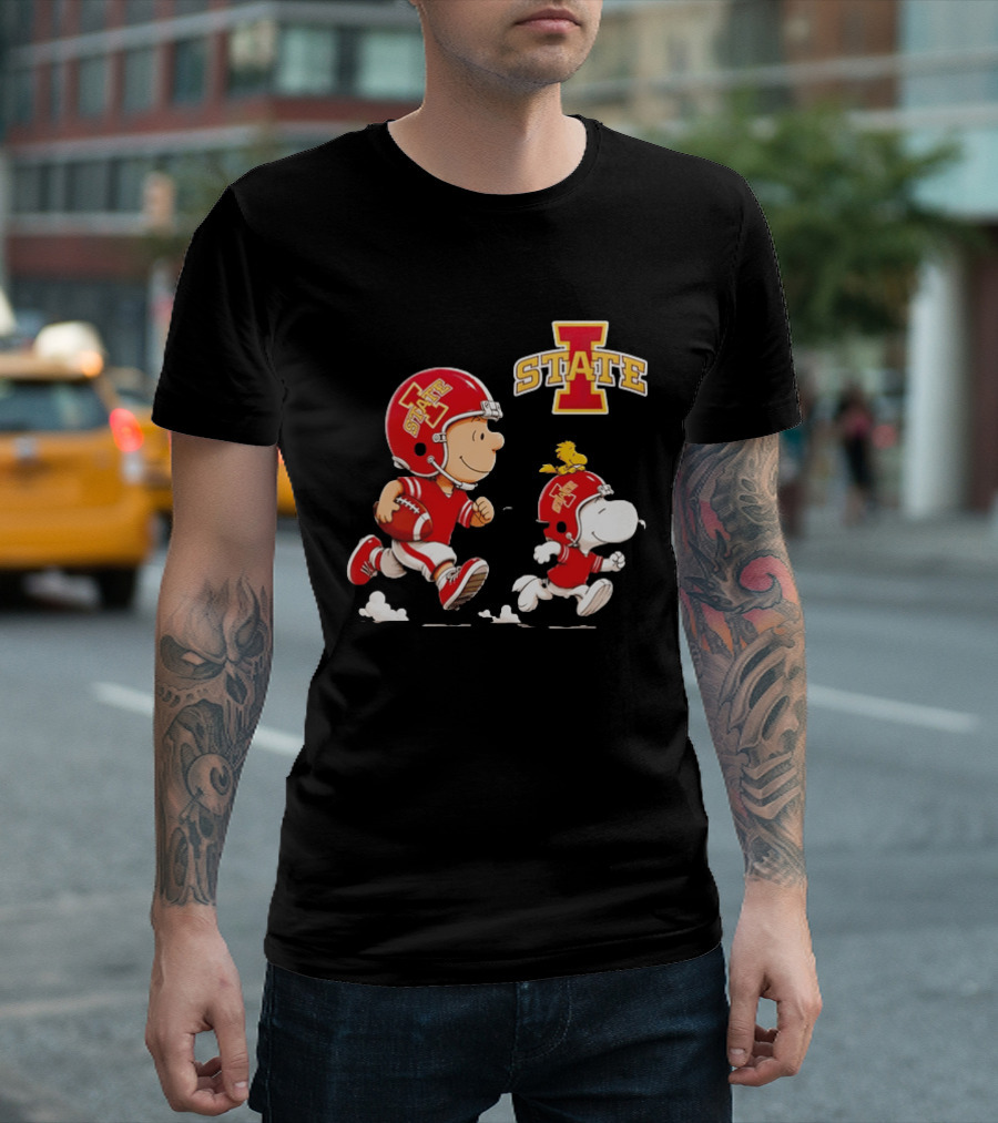 Peanuts Charlie Brown Snoopy Woodstock Running Football Iowa State T-Shirt