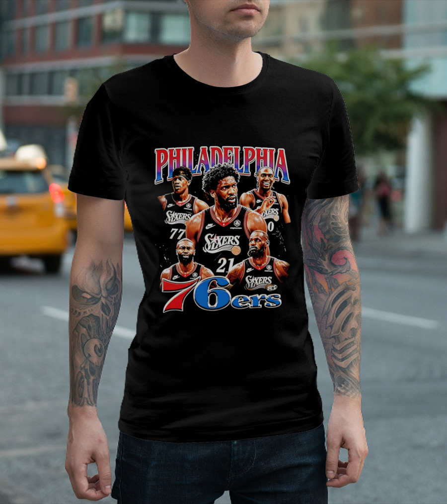 Philadelphia 76ers Embiid LeBron Collage 21 77 T-Shirt