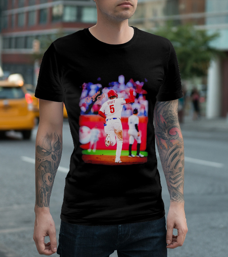 Philadelphia Phillies Bryson Stott 5 Baseball Game Action T-Shirt