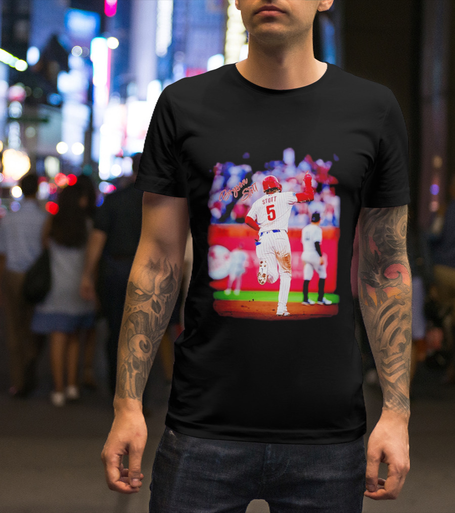 Philadelphia Phillies Bryson Stott 5 Baseball Game Action T-Shirt