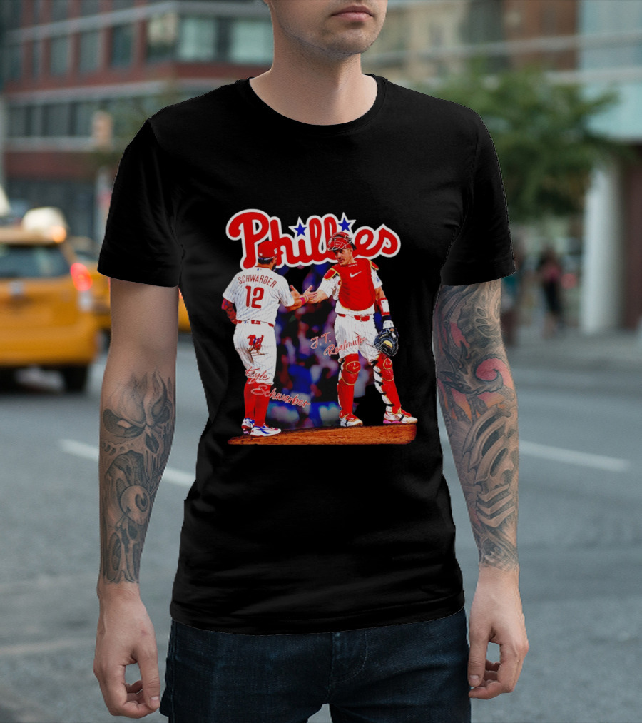 Philadelphia Phillies Kyle Schwarber J Realmuto 12 Catcher Handshake T-Shirt