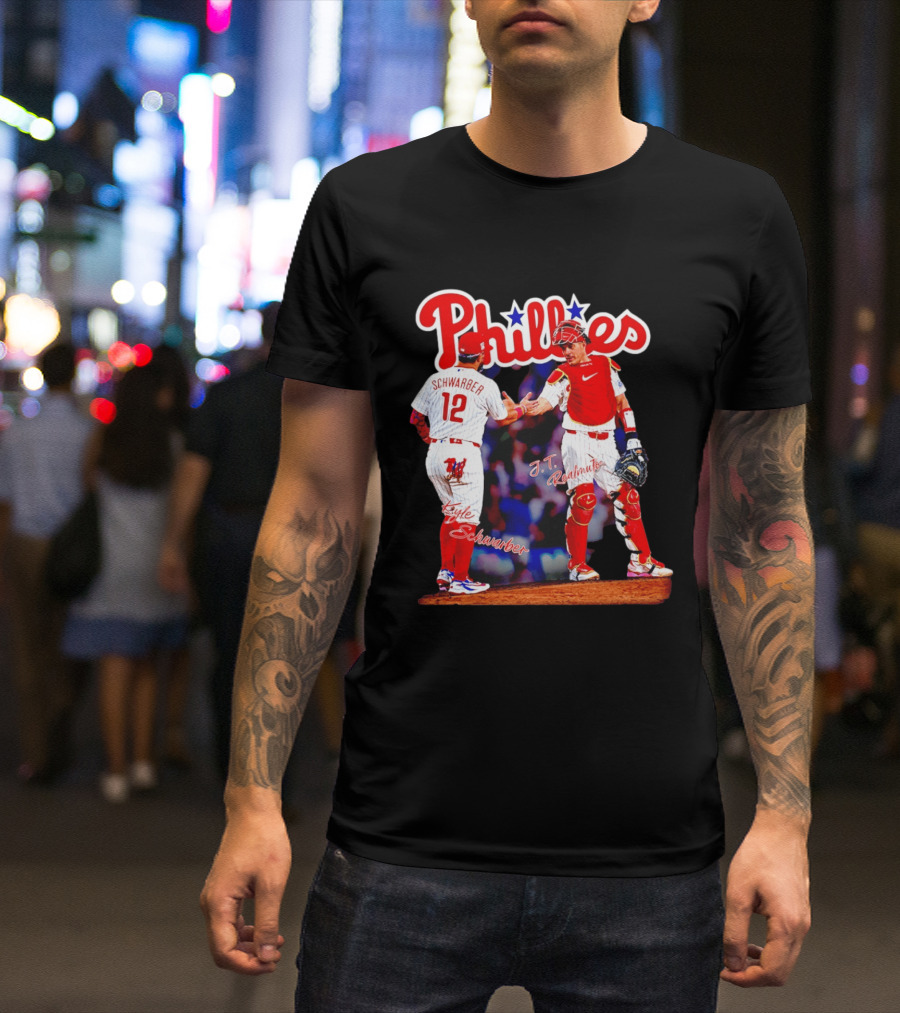 Philadelphia Phillies Kyle Schwarber J Realmuto 12 Catcher Handshake T-Shirt