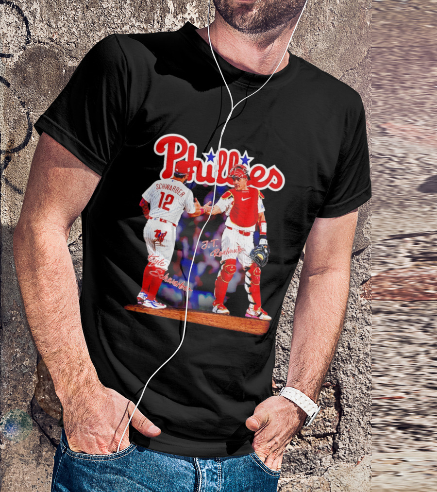 Philadelphia Phillies Kyle Schwarber J Realmuto 12 Catcher Handshake T-Shirt