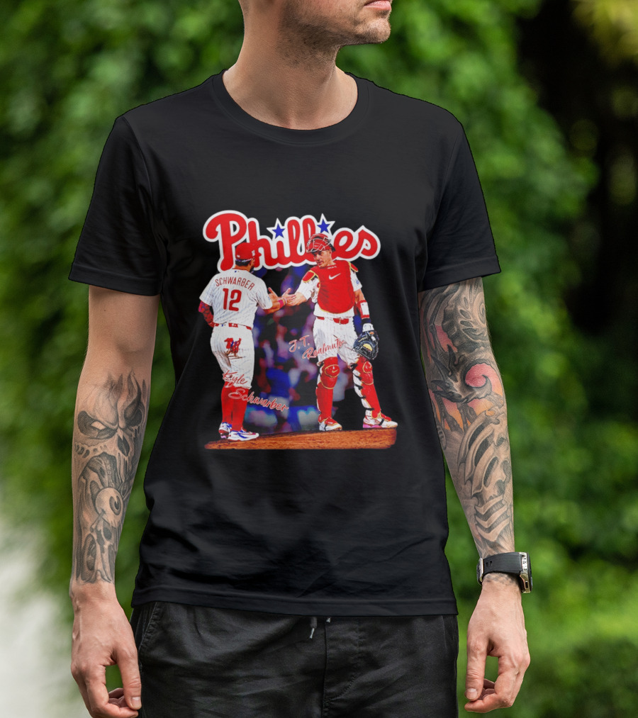 Philadelphia Phillies Kyle Schwarber J Realmuto 12 Catcher Handshake T-Shirt