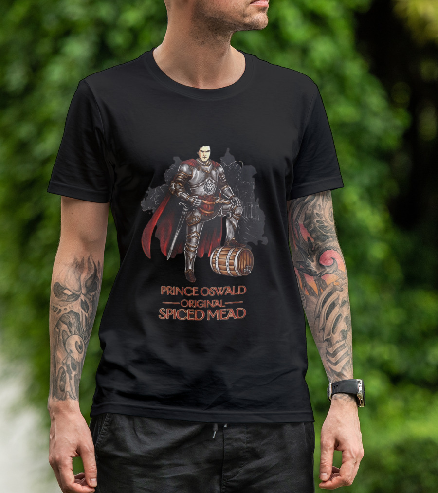 Prince Oswald Original Spiced Mead Knight With Barrel And Red Cape T-Shirt