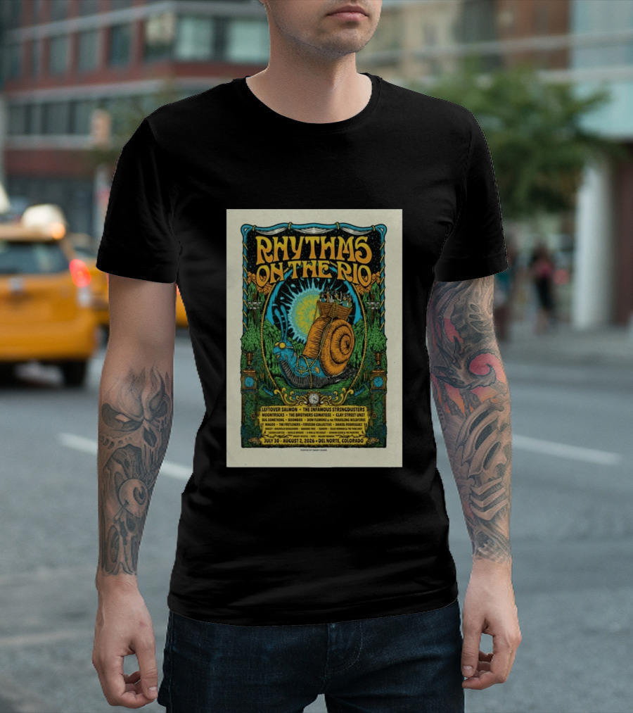 Rhythms On The Rio July 30 August 2 2026 Del Norte Colorado Leftover Salmon The Infamous Stringdusters T-Shirt