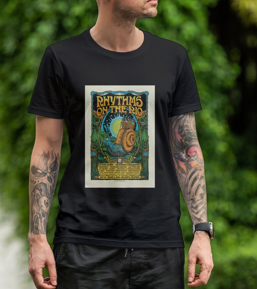 Rhythms On The Rio July 30 August 2 2026 Del Norte Colorado Leftover Salmon The Infamous Stringdusters T-Shirt
