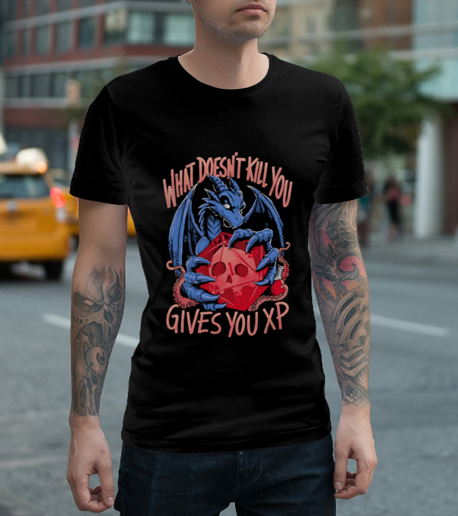 What Doesn't Kill You Gives You XP Blue Dragon Holding Red D20 Skull T-Shirt
